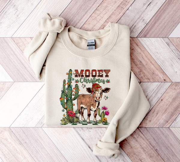 Mooey Christmas Sweatshirt, Western Christmas Sweater, Christmas Heifer Shirt, Xmas Cow Sweatshirt, Christmas Adult Crewneck Sweater.jpg