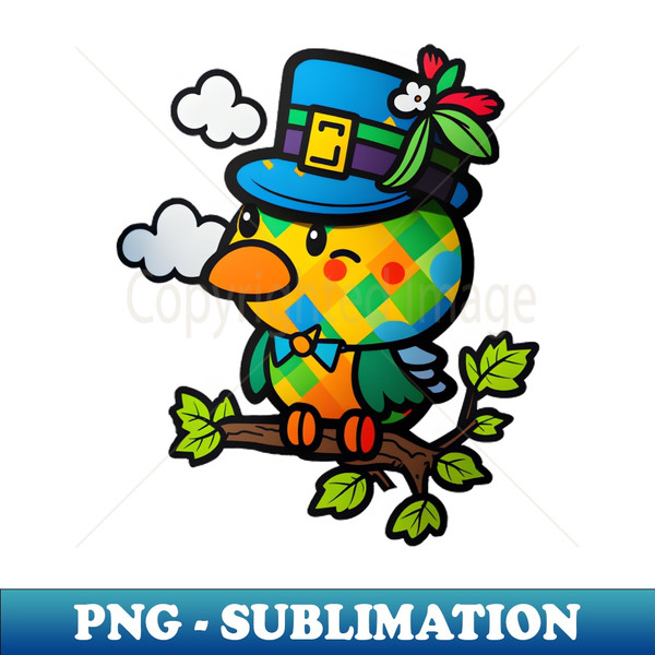 St. Patricks Adorable Green Bird in Blue Hat Cartoon Art - Exclusive Sublimation Digital File