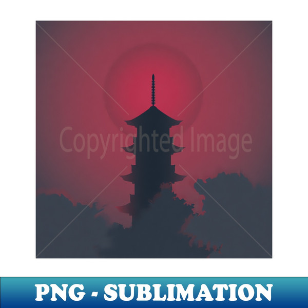 Japanese Pagoda Red Sun Landscape Illustration - Digital Sublimation Download File - Instantly Transform Your Sublimation Projects