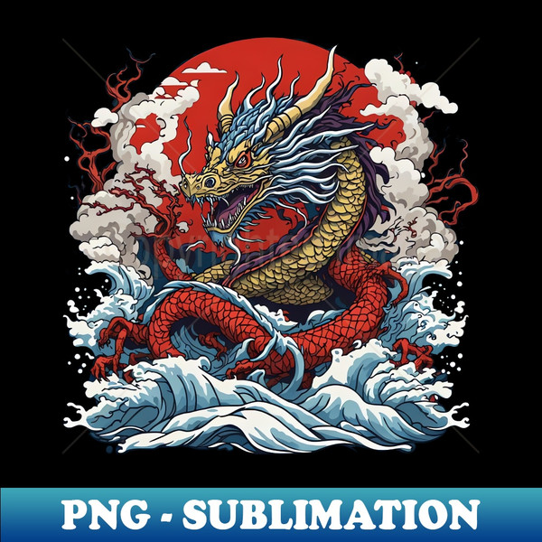 Dragon against the backdrop of a setting sun bathed in ocean waves - Exclusive Sublimation Digital File