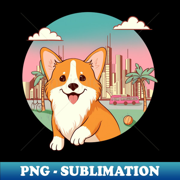 Cute corgi against the backdrop of a sunset city - PNG Transparent Digital Download File for Sublimation