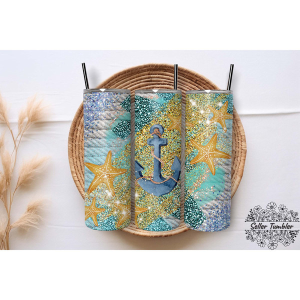 Blue Glitter Nautical Beach, Tumbler 20 oz Warp PNG, Skinny Tumbler Designs PNG.jpg