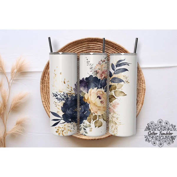 Navy Floral Wedding Flowers 20 Oz, Tumbler 20 oz Wrap PNG, Skinny Tumbler Designs PNG.jpg