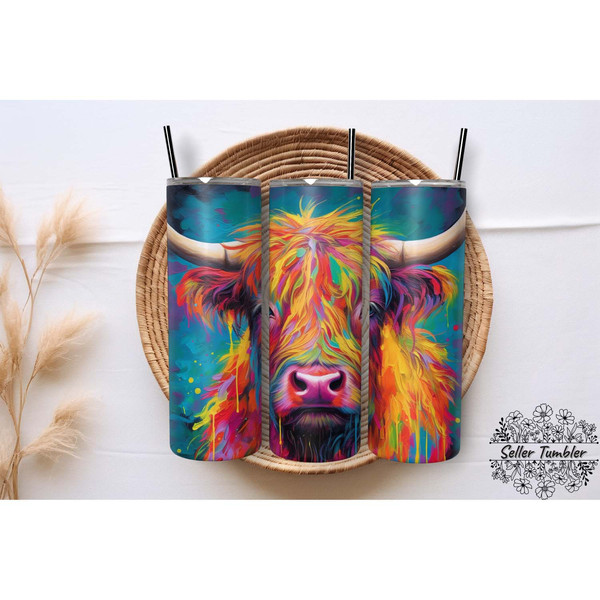 Neon Highland Cow Rainbow 20 Oz, Tumbler 20 oz Wrap PNG, Skinny Tumbler Designs PNG.jpg