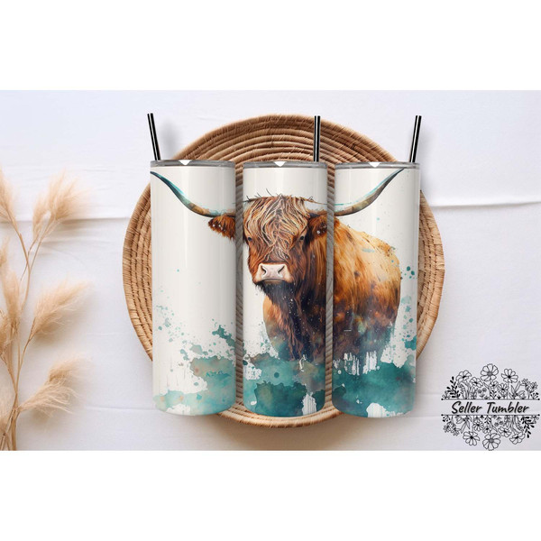 Waterclour Highland Cow 20 Oz, Tumbler 20 oz Wrap PNG, Skinny Tumbler Designs PNG.jpg