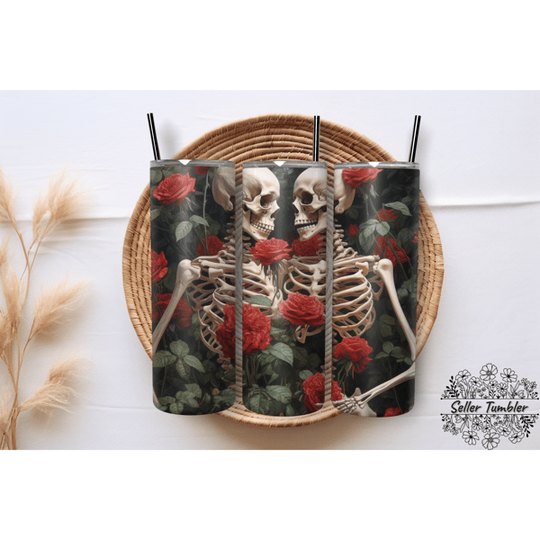 Skeleton Red Roses 20 Oz, Tumbler 20 oz Wrap PNG, Skinny Tumbler Designs PNG.png