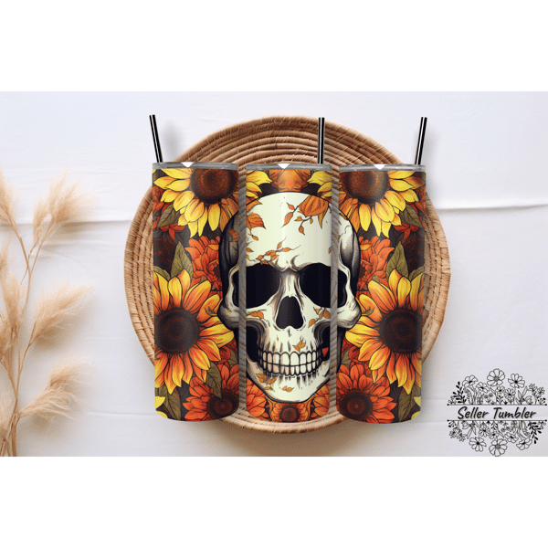 Sunflowers Skull 20 Oz, Tumbler 20 oz Wrap PNG, Skinny Tumbler Designs PNG.png