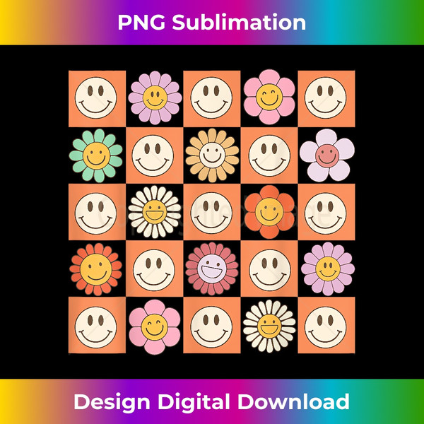 Groovy Checkered Orange Smile Face Happy Flower Hippie 70s - Modern Sublimation PNG File