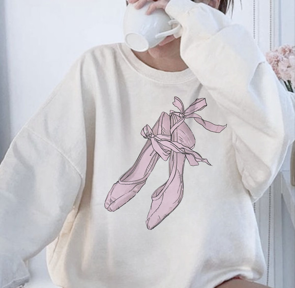 Coquette Comfort Colors Sweatshirt Crewneck Pink Bow Sweatshirt  Coquette Aesthetic Ballerina Shoes Cute Clothes Pink Ballet Shoes Graphic.jpg