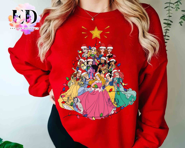 Disney Princess Characters Group Christmas Tree Light T-Shirt, Belle Rapunzel Ariel Cinderella Jasmine Xmas Tee, Mickey's Very Merry Gift.jpg