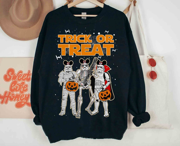 Stormtrooper Skeleton Costume Mickey Ears Trick Or Treat Sweatshirt, Funny Star Wars Halloween Tee, Disney Park Family Vacation Holiday Gift.jpg