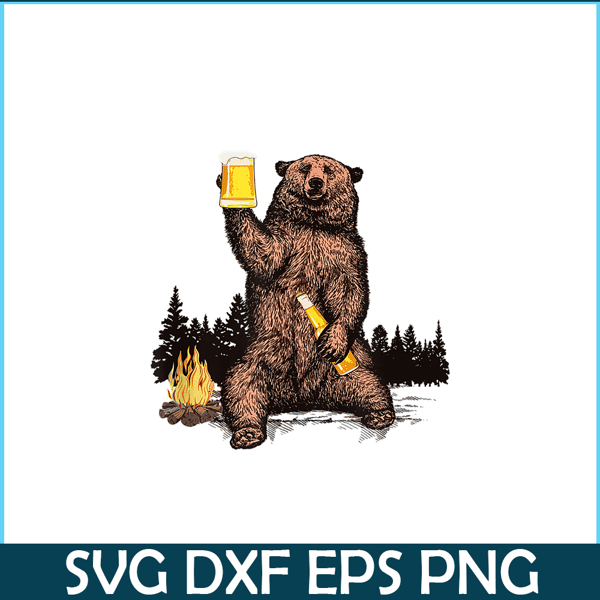 BEER28102304-Bear Drinking Beer PNG Camp Fire Woods Outdoor PNG Funny Grizzly PNG.png