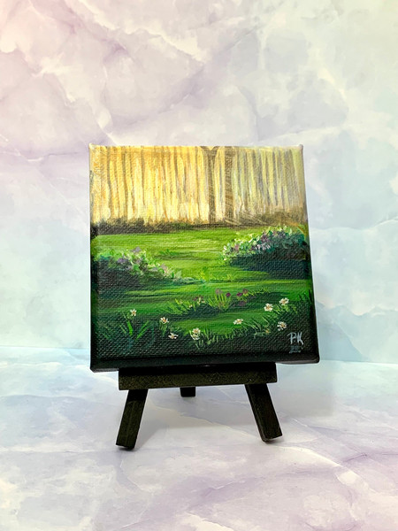 Original Small Acrylic Landscape Painting on Canvas with Free display easel  Sunrise in the meadow Ready to display.jpg