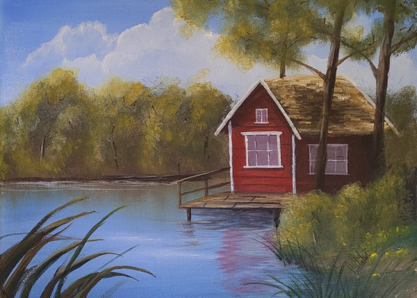 Lakeside Cottage - acrylic landscape painting on 16x12 canvas.jpg