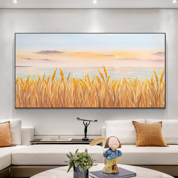 Abstract Sunset Seascape Oil Painting on Canvas, Large Wall Art, Original Minimalist Art Rice Ears Decor Custom Living Room Art Autumn Decor.jpg