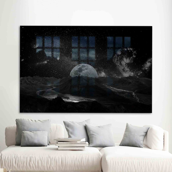 Mural Art, Wall Decor, Glass Wall Art, Starry Sky Landscape, Full Moon Glass Decor, Galaxy Glass Art, Night Landscape Wall Decor,.jpg