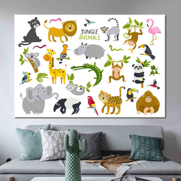 Safari Animals Canvas Art, Kids Animals Wall Art, Playroom Art Canvas, Kids Artwork, Jungle Animal Canvas, Baby Room Artwork,.jpg