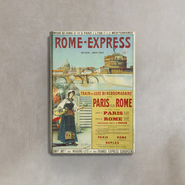 Rome Express Vintage Travel Canvas Photo, Paris-Lyon Mediterranee Wall art, Rafael De Ochao, lithography print, Paris Rome, decor Canvas.jpg