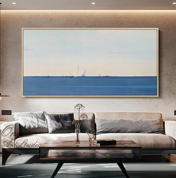 Abstract Seascape Oil Painting on Canvas, Large Original Ocean and Sailboats Canvas Art, Modern Minimalist Nautical Painting for Living Room.jpg