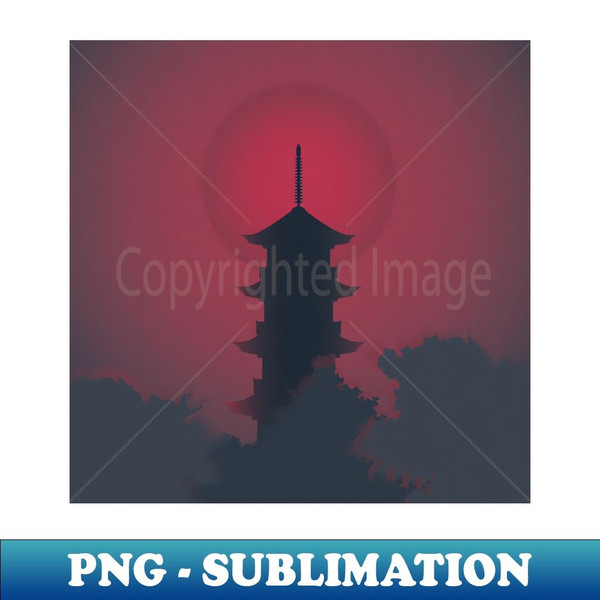 Japanese Pagoda Red Sun Landscape Illustration - Signature Sublimation PNG File