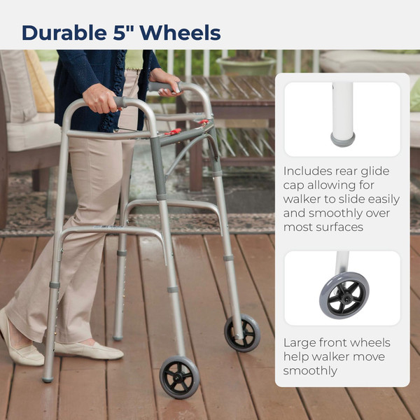 Drive Medical 10210-1 2-Button Folding Walker with Wheels, Rolling Walker, Front Wheel Walker, Lightweight Walkers for Seniors and Adults Weighing Up To 350 Pou