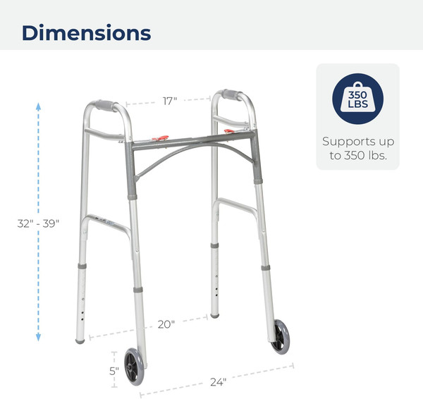 Drive Medical 10210-1 2-Button Folding Walker with Wheels, Rolling Walker, Front Wheel Walker, Lightweight Walkers for Seniors and Adults Weighing Up To 350 Pou