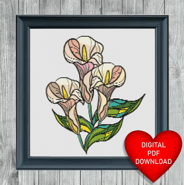Stained Glass Lilies Cross Stitch Pattern Blue Heart Frame.jpg