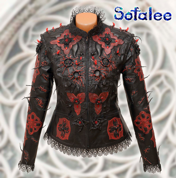 jacket Gothic style black red color genuine leather sheepskin exclusive handmade fashion designer Sofalee.jpg