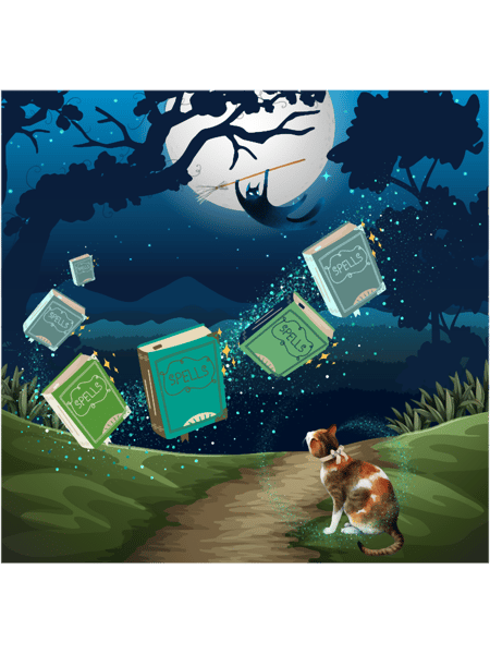 Green book aesthetic with cute tortoise shell cat watching magical spell books.png