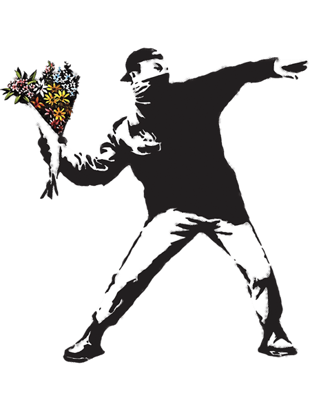 Banksy graffiti Protest anarchist throwing flowers Thrower Make Art not war on white background HD H.png