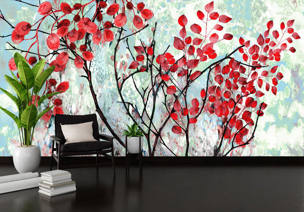 Accent Wall, Farmhouse Wallpaper, Red Leaves Painting Wallpaper, Landscape Wallpaper, Floral Wallpaper, Vinyl Wallpaper, Wallpaper Border,.jpg