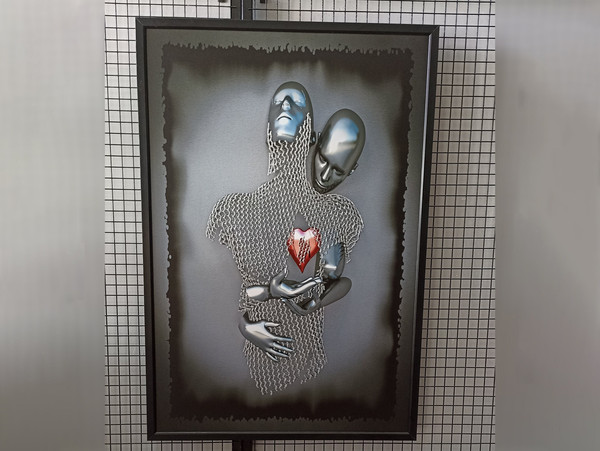 Heartfelt Weave - Man with an Embroidered Chain Fence Heart,Embroidered Heart, Emotional Connection, Symbolic Art,Home Decor,Wall Decor.jpg