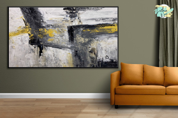 Minimalist Artwork Black Abstract Brushstroke Art Wall Decor Canvas Painting, Gold Black And White Minimalist Wall Brush Strokes Painting.jpg