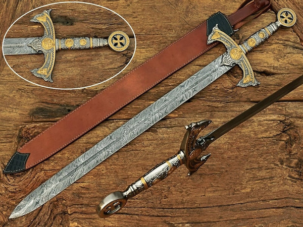 Handmade Templar Knights Sacred Holy Longsword Ornate Full Length Steel Sword| Medieval Sword With Leather Sheath| Ceremonial Sword