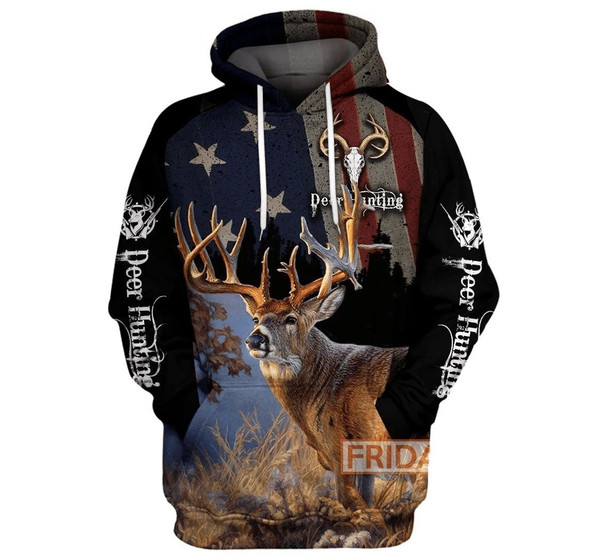 Personalized Hunting Deer Hunting American Flag - 3D Printed Pullover Hoodie