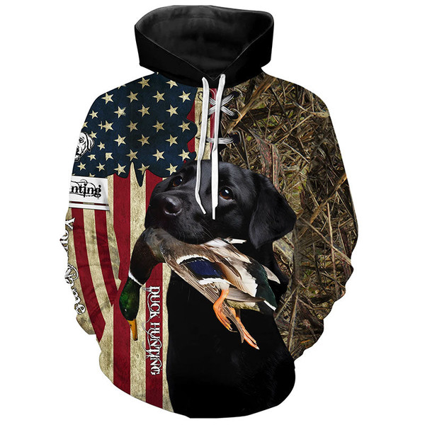 Black Labrador Retriever Hunting Bird Dog Duck Hunter American Flag Hoodie 3D, Personalized All Over Print Hoodie 3D V1