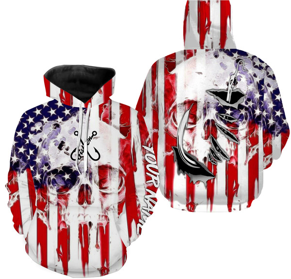 American Flag Skull Fish Hook Hoodie 3D, Personalized All Over Print Hoodie 3D Y8