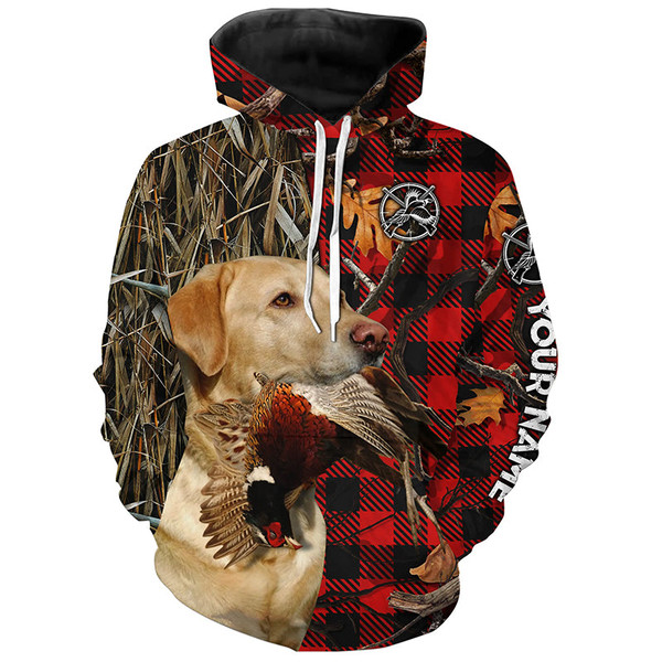 Yellow Labrador Retriever Hunting Dog Red Plaid Fall Camo Hoodie 3D, Personalized All Over Print Hoodie 3D Y174