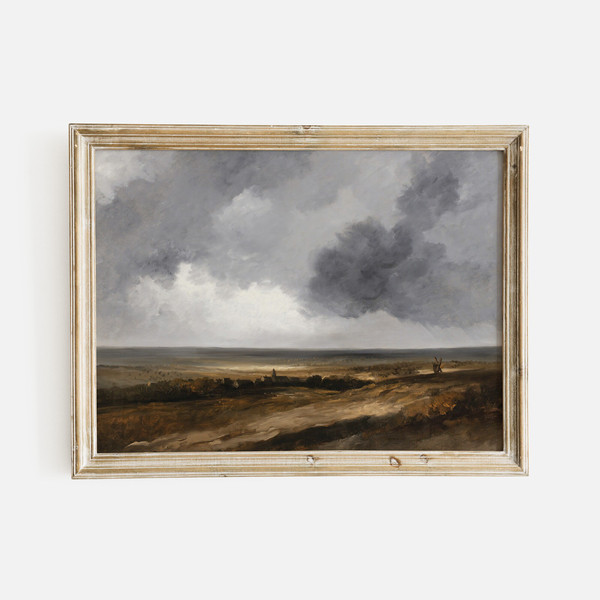 Vintage Landscape with Cloudy Sky, Dark Moody Antique Landscape Print, Sun Effect On The Plain.jpg