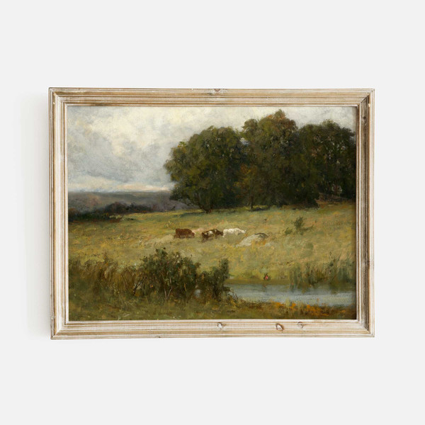 Countryside Landscape Print, Cattle Near Stream Painting, Vintage Landscape Art, Country Farmhouse Decor, Grazing Cows.jpg