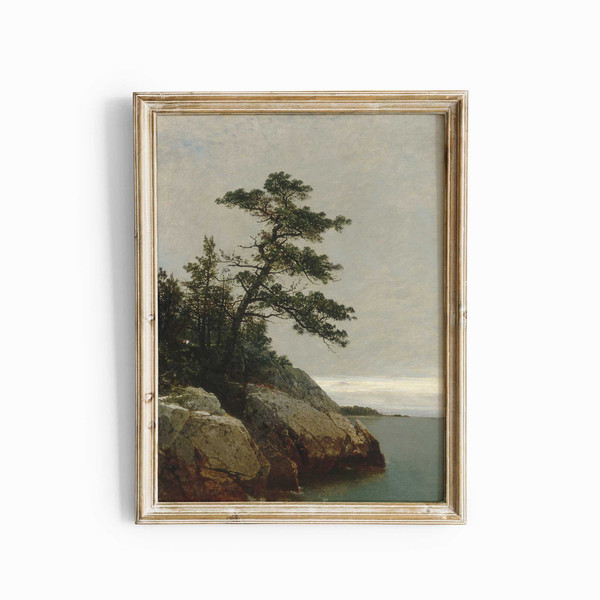 Pine Tree Rocky Shore Print, Antique Oil Landscape Painting, Vintage Coastal Wall Art, Beach House Wall Decor, Lake House Wall Art.jpg