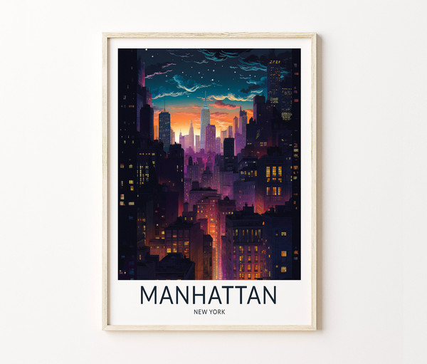 Manhattan Dark Night New York Travel Print, New York Travel Poster Wall Art, New York Manhattan Wall Art, City Skyline Travel Poster.jpg