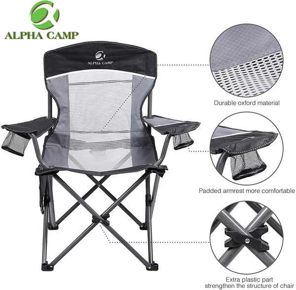 ALPHA CAMP Oversized Mesh Back Camping Folding Chair Heavy Duty Support 350 LBS Collapsible Steel Frame Quad Chair Padded Arm Chair with Cup Holder Portable for