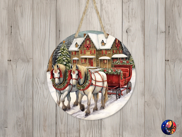 Christmas Horses & Carriage Sign Round Door Hanger Design, Christmas 12 inch Sublimation Design, Sign Round, PNG File, Digital Download.jpg