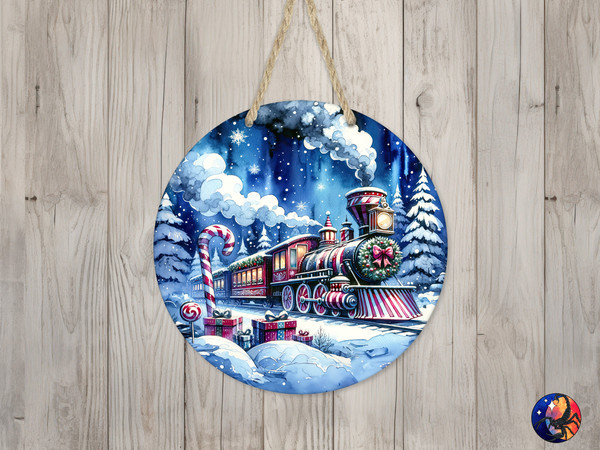 Peppermint Candy Cane Train Sign Round Door Hanger Design, 12 inch Sublimation Design, Sign Round, PNG File, Digital Download.jpg