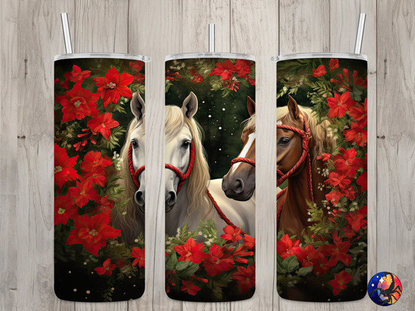 Seamless Christmas Poinsettia & Horses Design, Christmas 20oz Skinny Straight Tumbler Sublimation Design, Tumbler Wrap, PNG Digital Download.jpg