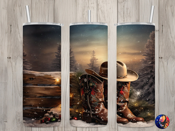 Seamless Country Western Boots & Hat Design, Christmas 20 oz Skinny Straight Tumbler Sublimation Design, Tumbler Wrap, PNG Digital Download.jpg
