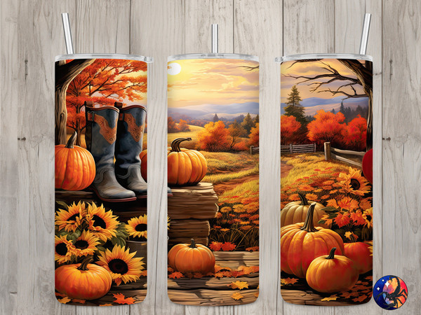 Seamless Cowboy Boots & Fall Landscape Design, Fall 20 oz Skinny Straight Tumbler Sublimation Design, Tumbler Wrap, PNG Digital Download.jpg