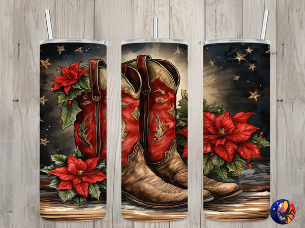 Seamless Cowboy Boots & Poinsettia Design, Christmas 20 oz Skinny Straight Tumbler Sublimation Design, Tumbler Wrap, PNG Digital Download.jpg