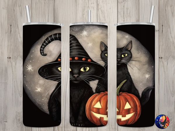 Seamless Cute Black Cats & Witch Hat Design, Halloween 20 oz Skinny Straight Tumbler Sublimation Design, Tumbler Wrap, PNG Digital Download.jpg